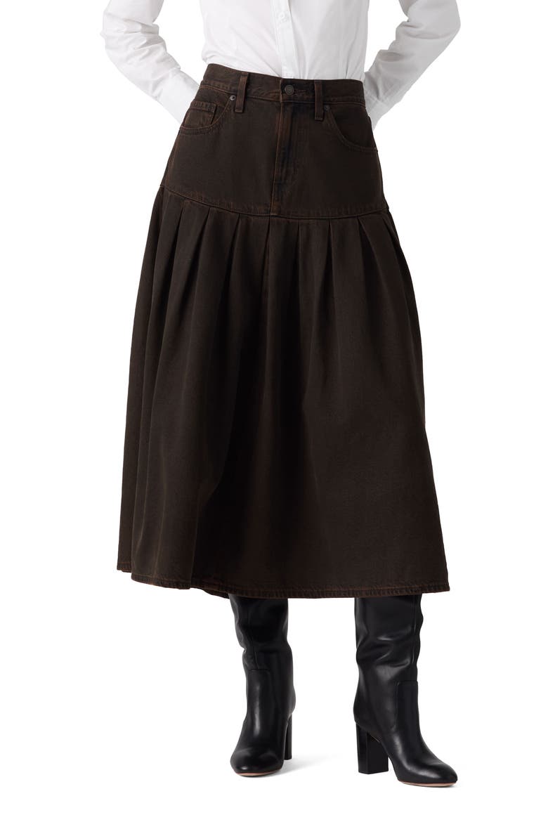 Yoked Pleated Denim Midi Skirt, Main, color, OVER A CUP SKIRT