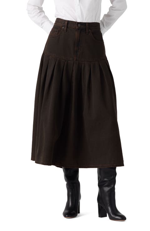 Yoked Pleated Denim Midi Skirt