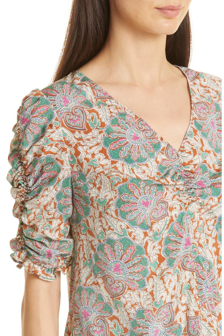 Henrieta Scarf Print Stretch Silk Top, Alternate, color, CARAMEL MULTI