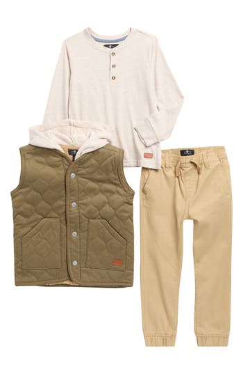7 For All Mankind Kids' Henley, Joggers & Hooded Quilted Vest Set In Multi