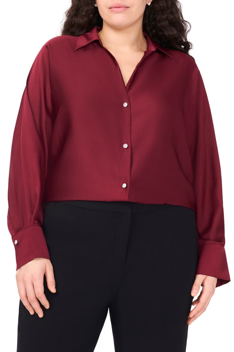Charmeuse Button-Up Shirt, Main, color, BURGUNDY