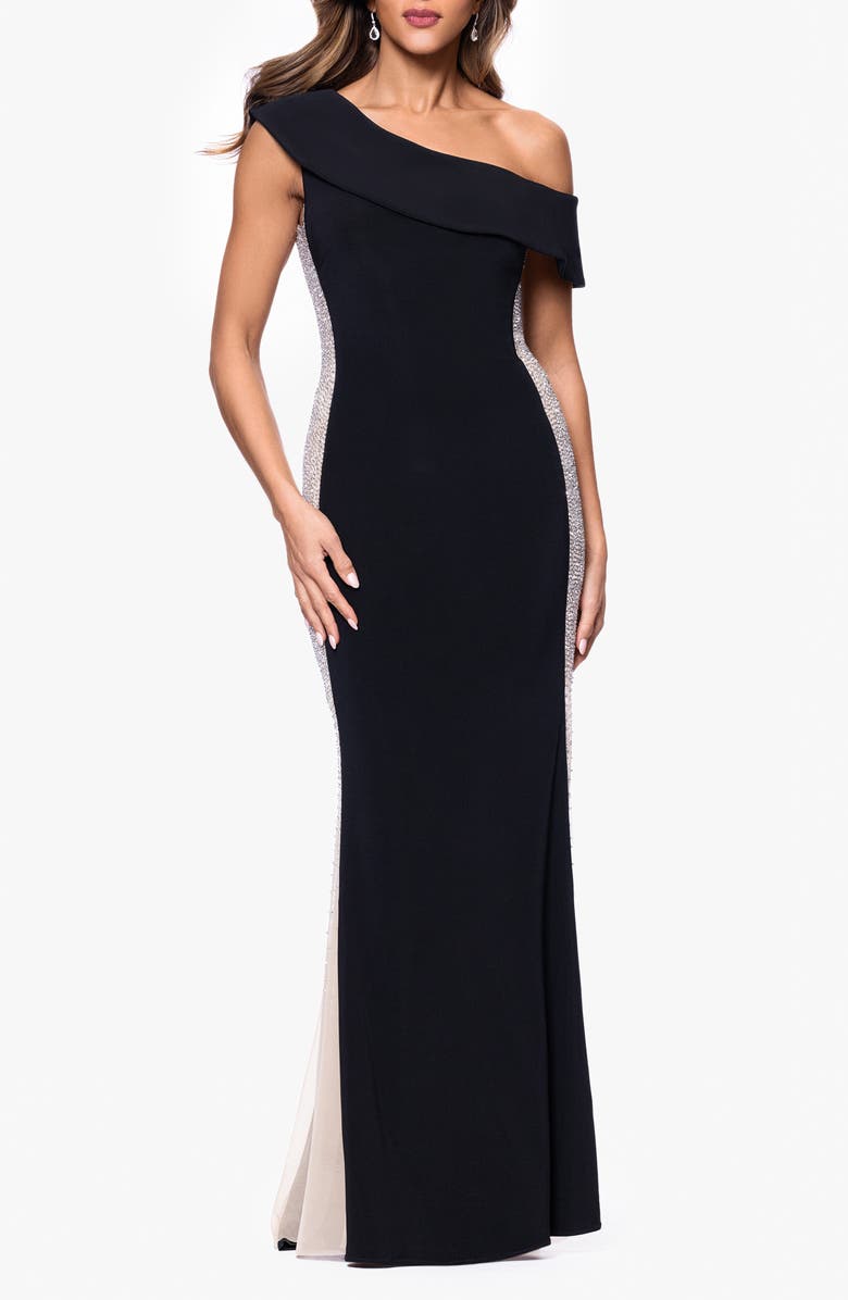 Xscape Evenings Crystal Mesh Detail One-Shoulder Sheath Detail, Main, color, Black/ Nude/ Silver