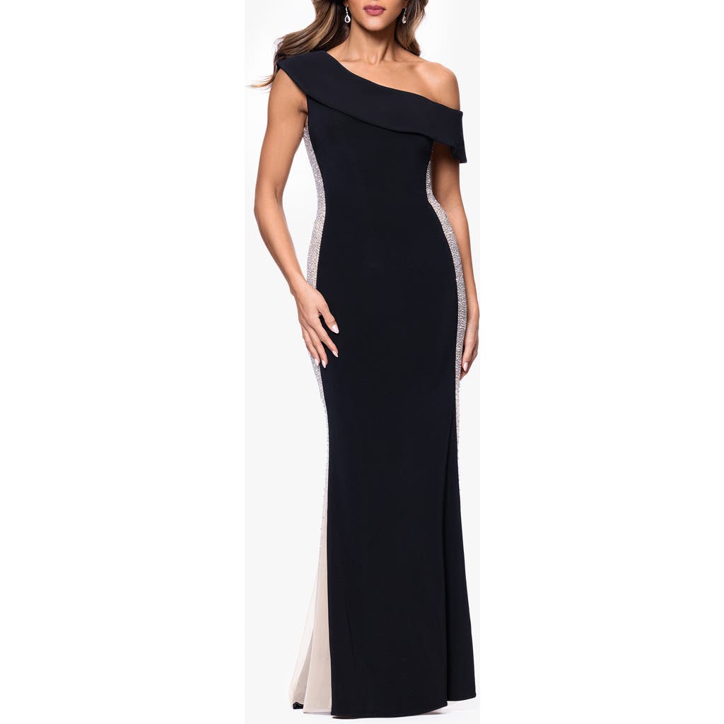 Xscape Evenings Crystal Mesh Detail One-shoulder Sheath Detail In Black/nude/silver