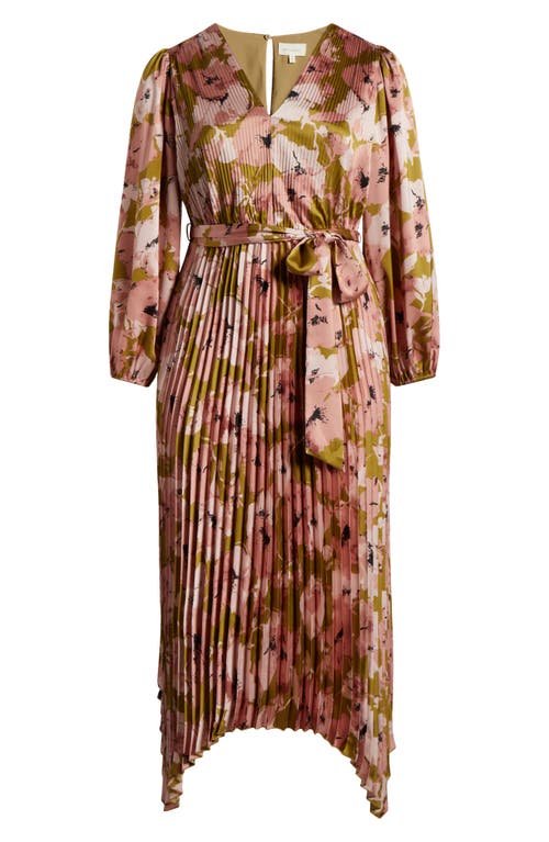 Melloday Floral Pleated Long Sleeve Satin Maxi Dress In Multi