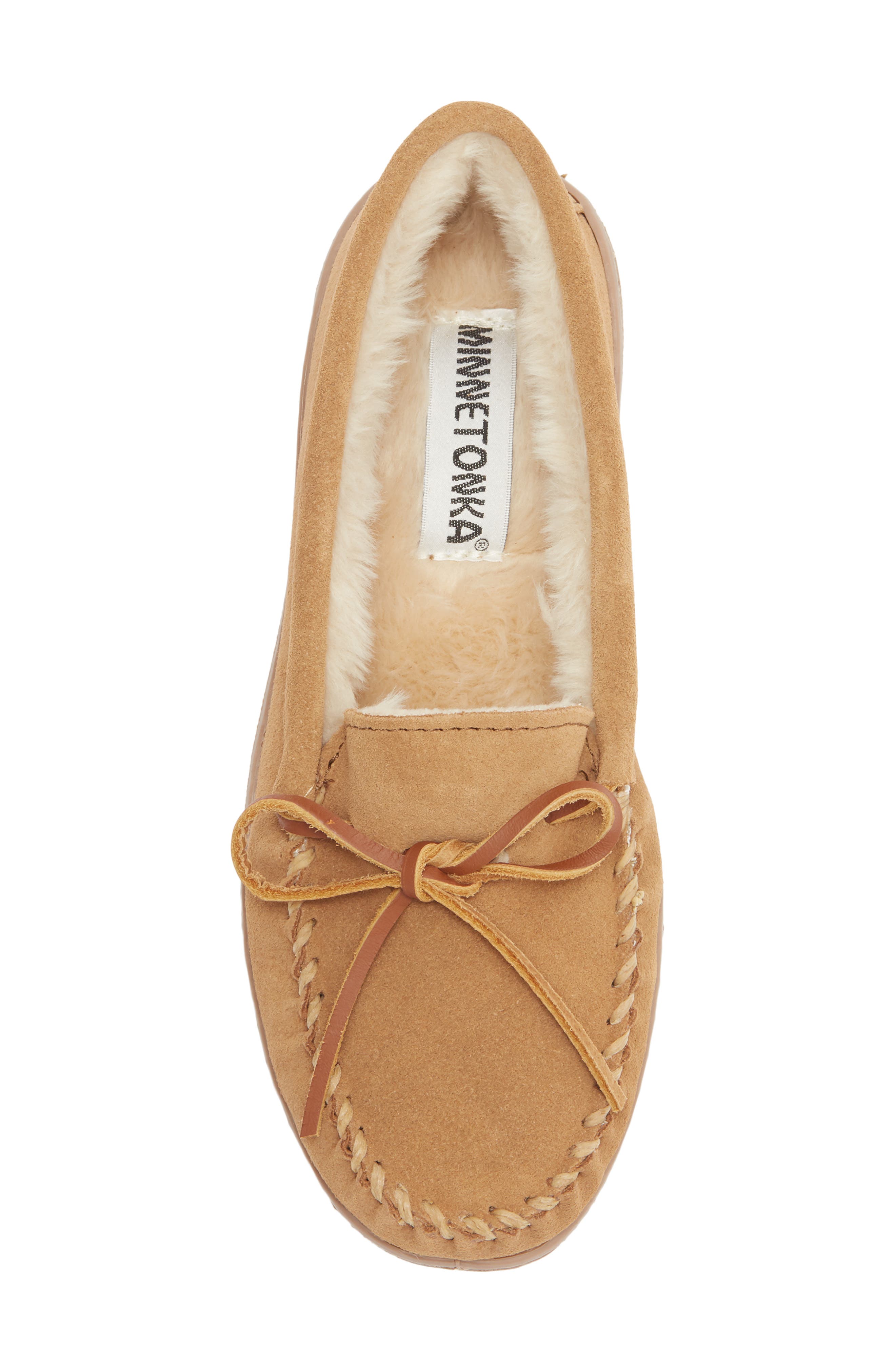 Minnetonka Suede Faux Fur Slipper, Alternate, color, Tan