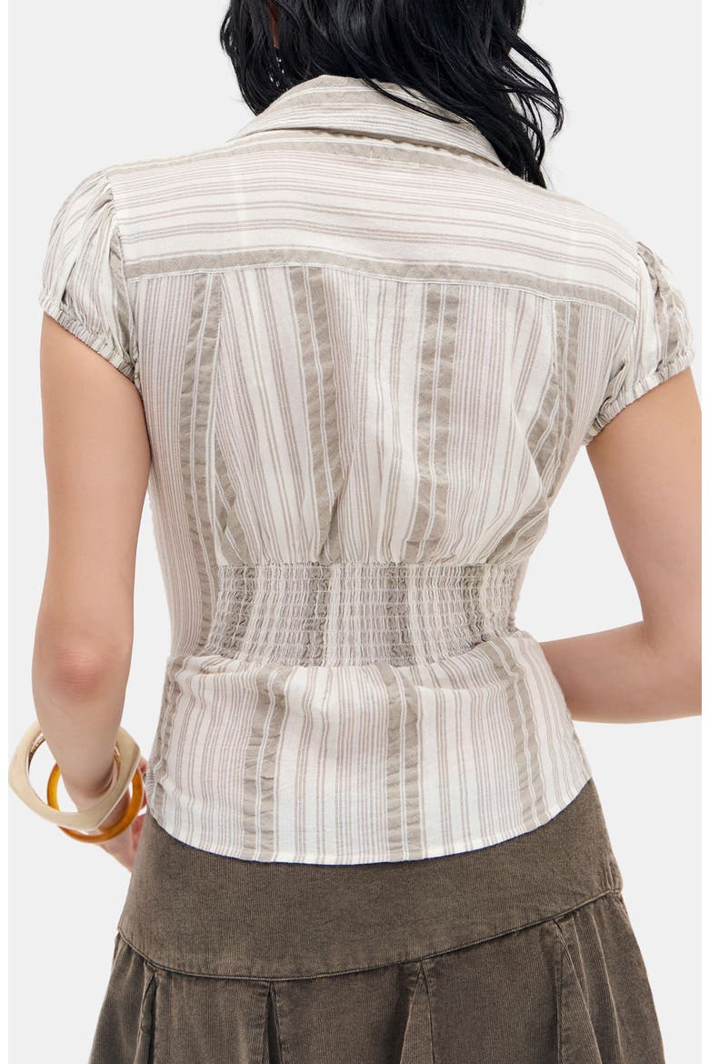 Nadine Stripe Ruched Seam Button-Up Top, Alternate, color, BROWN STRIPE
