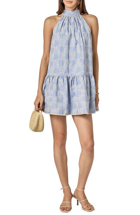 Embroidered Stripe Sleeveless Ruffle Hem Dress