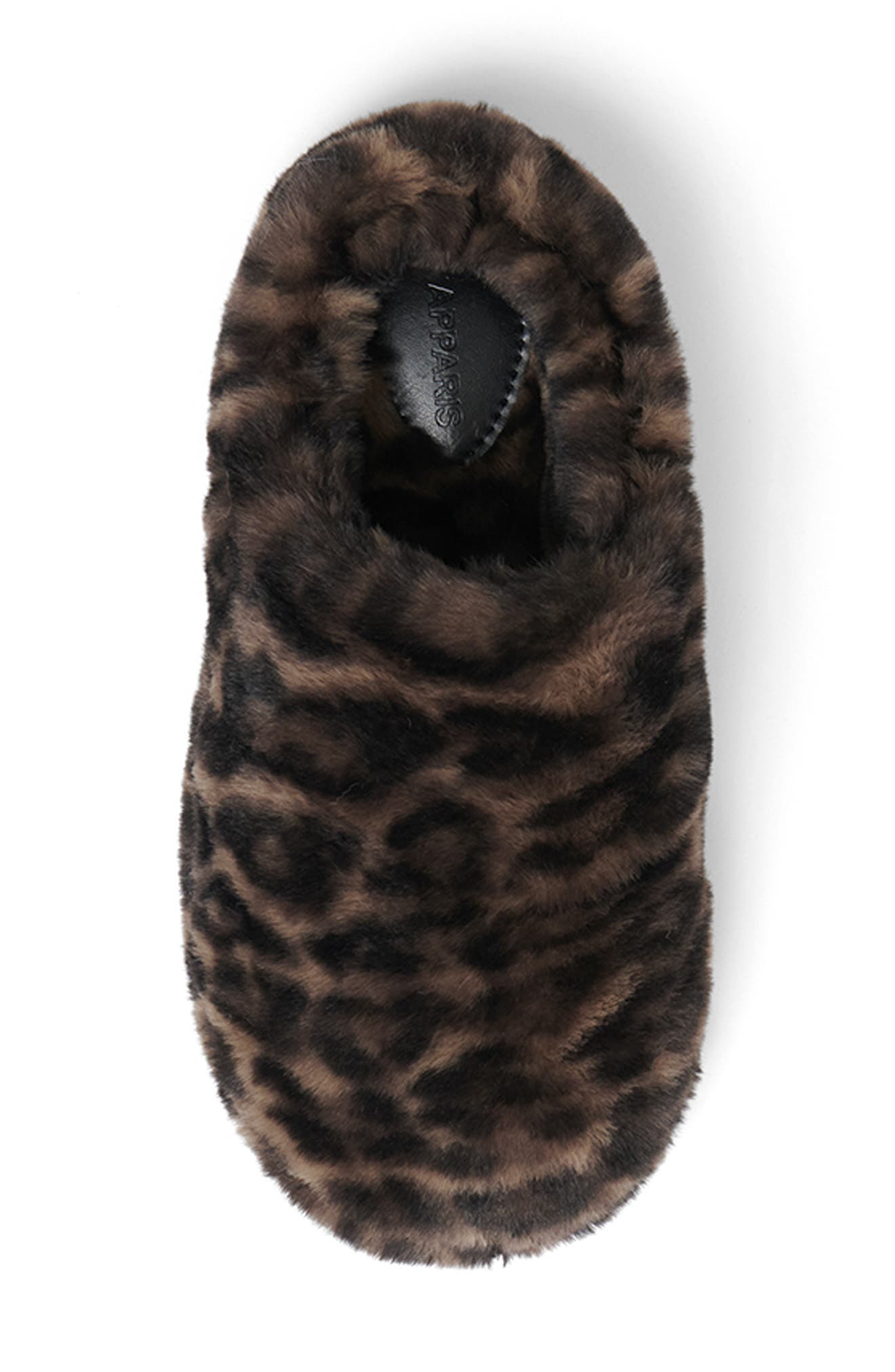 Apparis Misha Leopard Print Faux Fur Slipper, Alternate, color, Dark Leopard