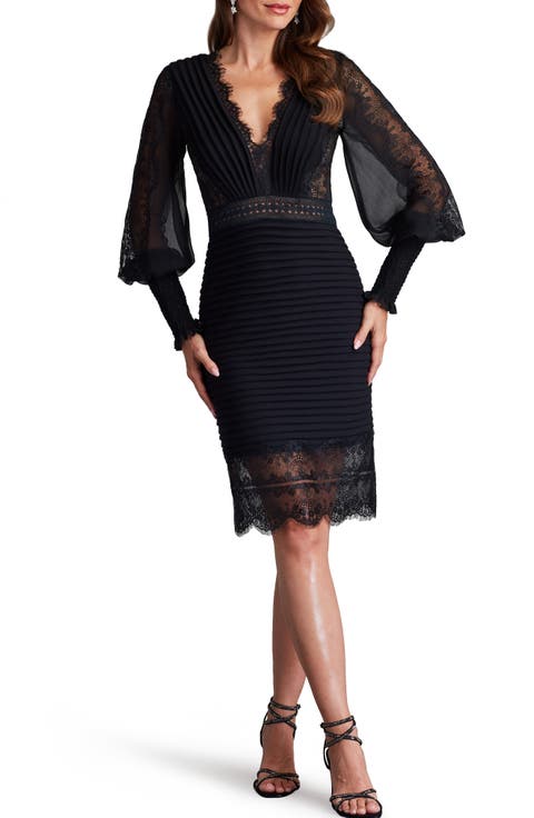Pleated Lace Long Sleeve Sheath Dress