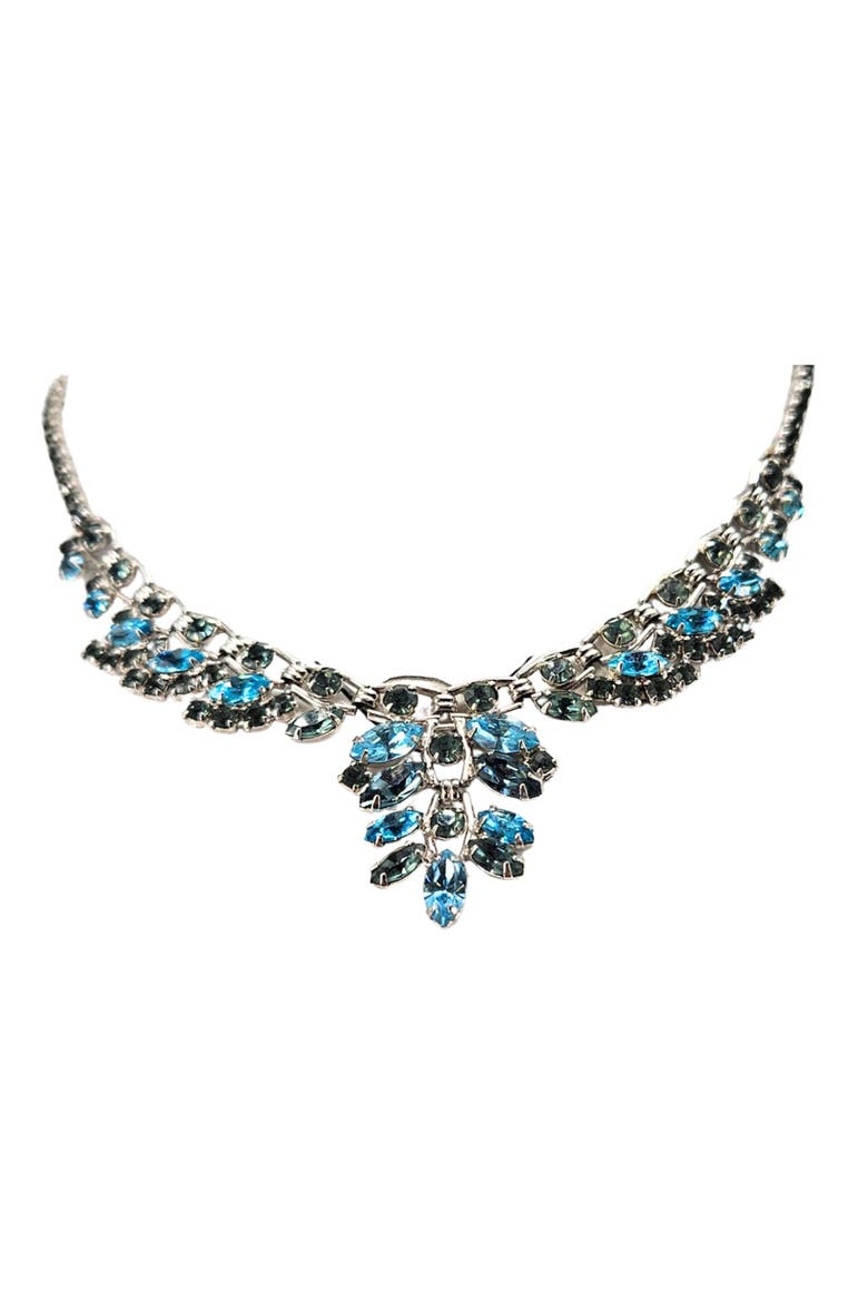 Vintage Rhinestone Silvertone Necklace in Blues and Greens, Alternate, color, Blue