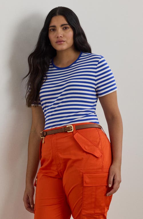 Shop Ralph Lauren Lauren  Stripe Stretch Cotton Crewneck T-shirt In New Sapphire/white