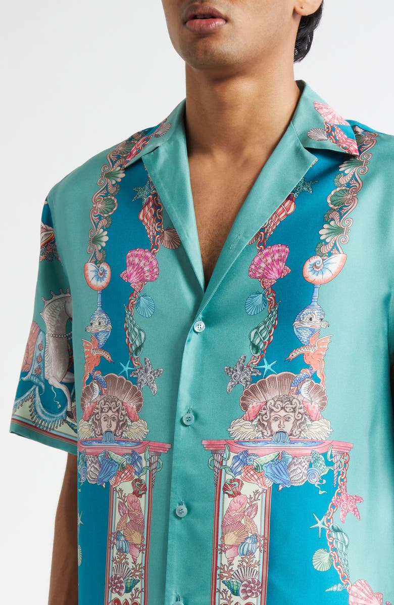 Versace Coral Theater Silk Twill Camp Shirt, Alternate, color, Sea Green Dark Sea Green