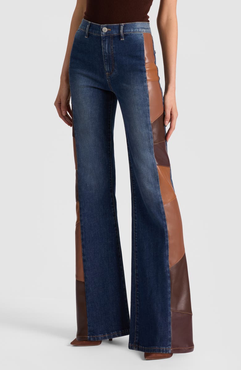 Alice + Olivia Faux Leather Patchwork Detail Flare Leg Jeans, Main, color,