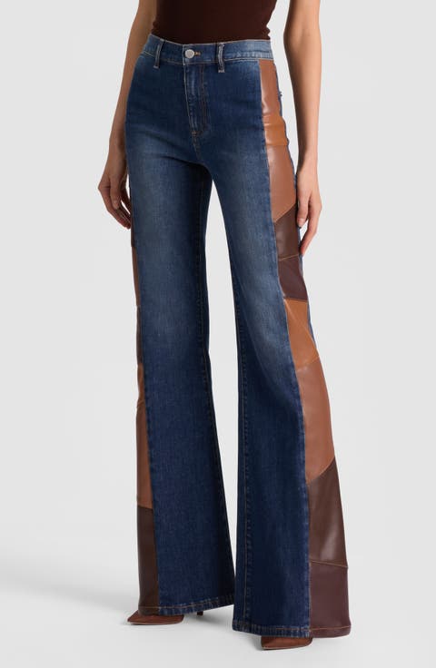 Faux Leather Patchwork Detail Flare Leg Jeans (Darby Vintage Blue)