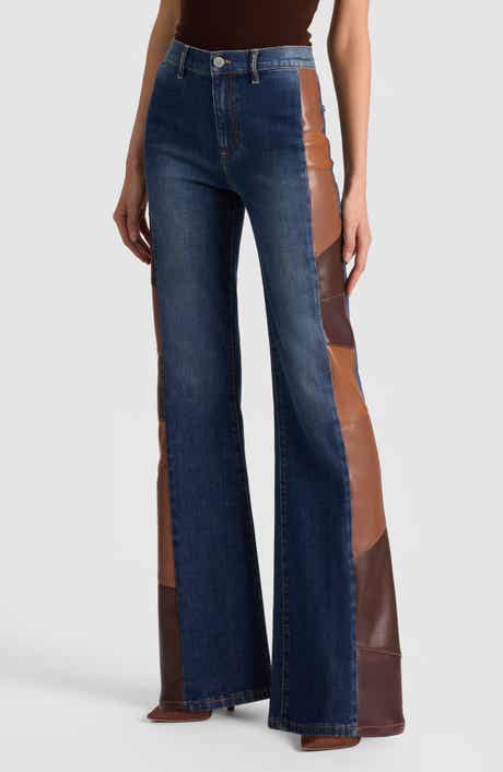 Alice + Olivia Faux Leather Patchwork Detail Flare Leg Jeans