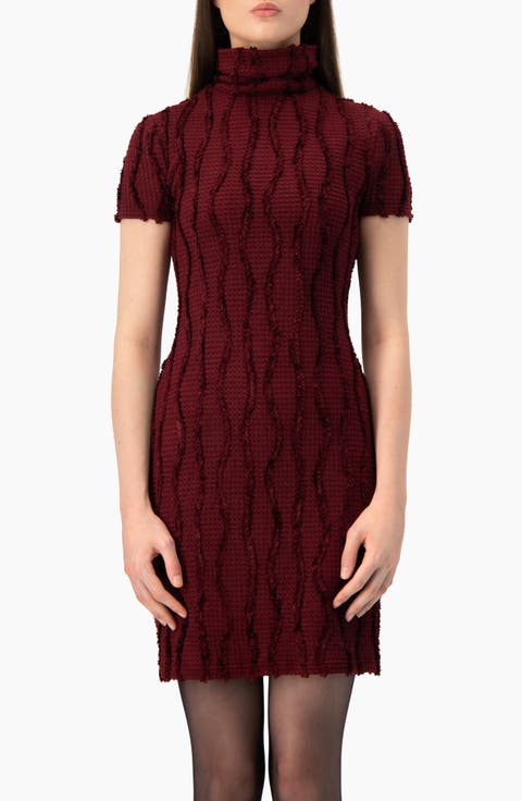 Ruffle-collar Turtleneck Dress In Lattice Knit