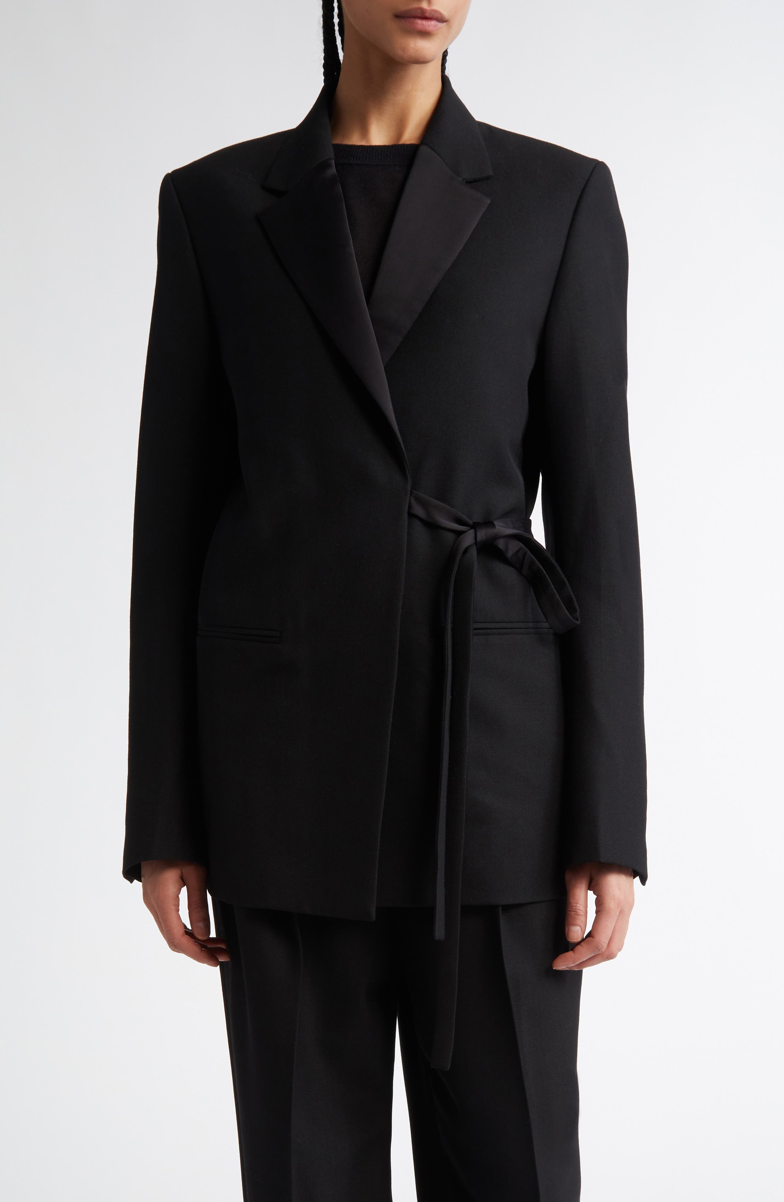 Satin Lapel Recycled Polyester & Wool Wrap Blazer