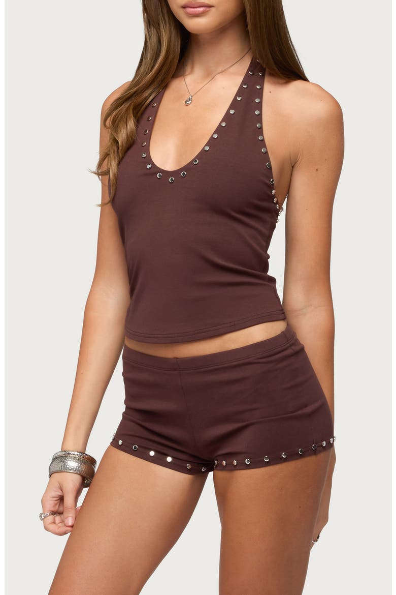 Ariadna Studded Stretch Cotton Halter Top, Alternate, color, DARK-BROWN