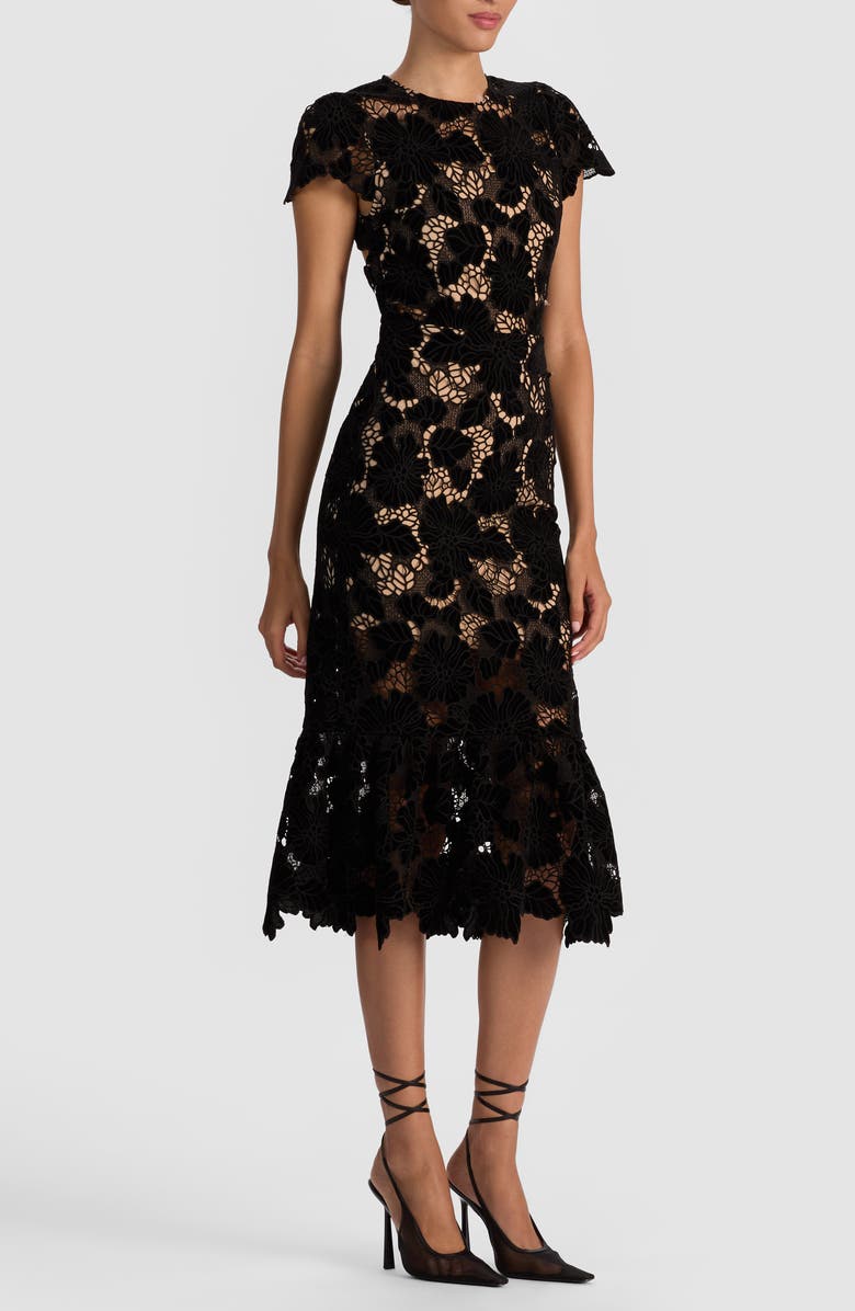 Alice + Olivia Clover Open Back Lace Overlay Midi Dress, Alternate, color, Black