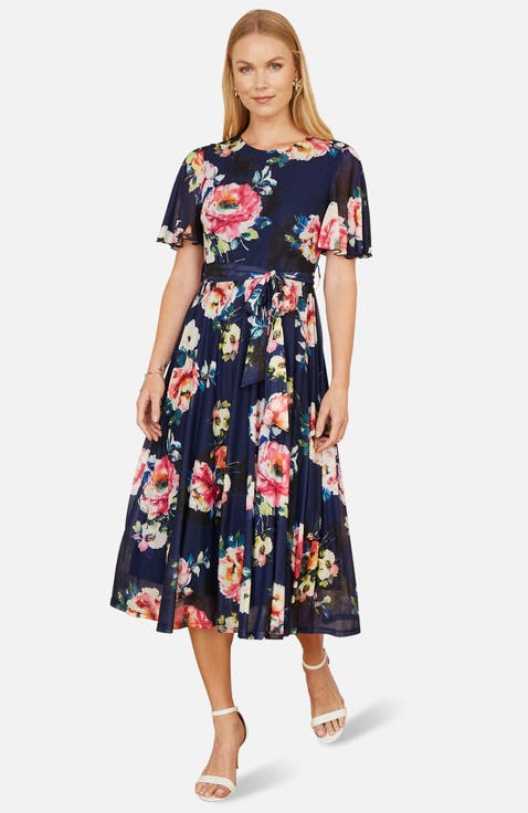 Mesh Floral Print Midi Dress