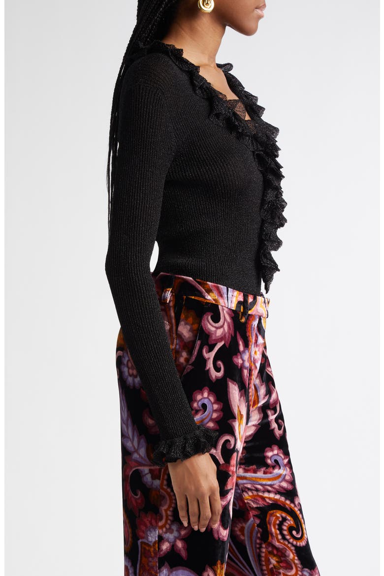 Ruffle Trim Glitter Rib Top, Alternate, color, BLACK