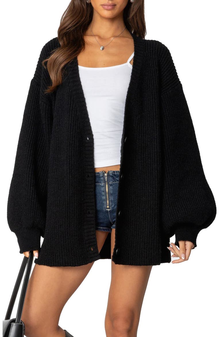 Mathilde Oversize V-Neck Blouson Cardigan, Main, color, BLACK