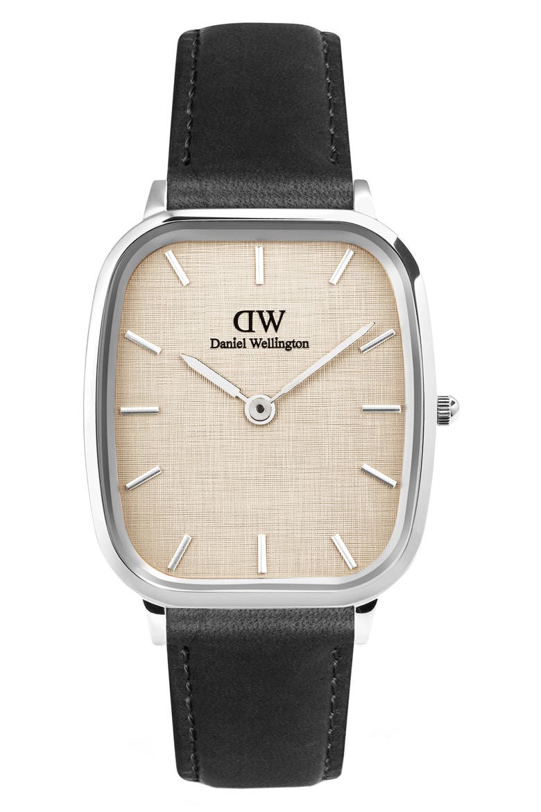Marlon Sheffield Linen Leather Strap Watch, 32mm x 36mm, Main, color, BLACK