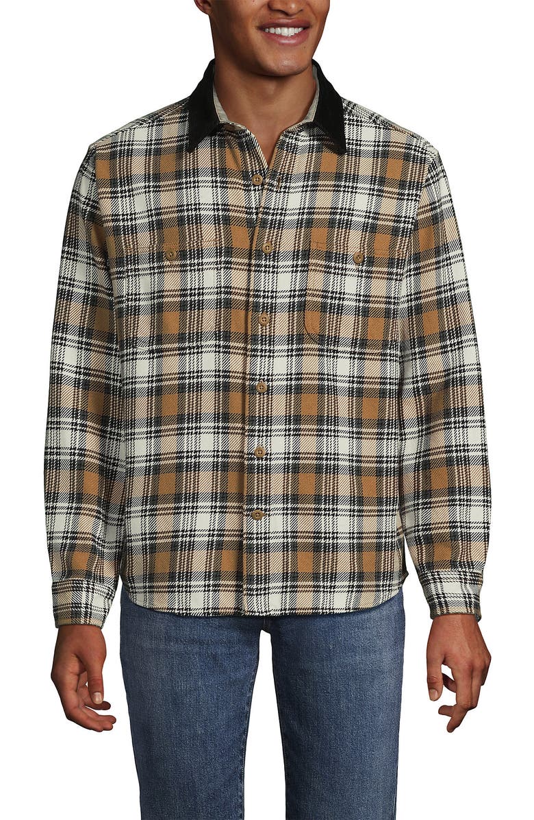 Lands' End Authentic Flannel Shirt with Corduroy Collar, Main, color, Butter Brown/Ivory Latte Plaid