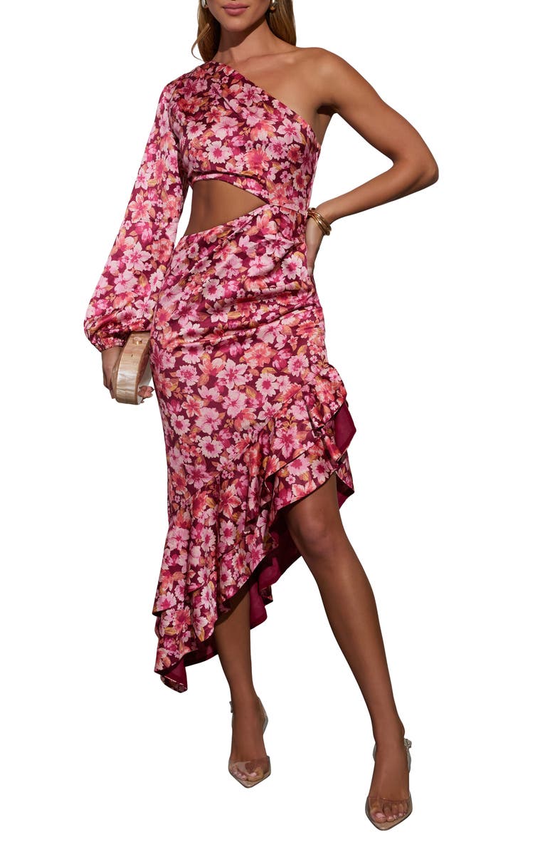 VICI Collection Right Moment One-Shoulder Cutout Asymmetric Midi Dress, Main, color, 