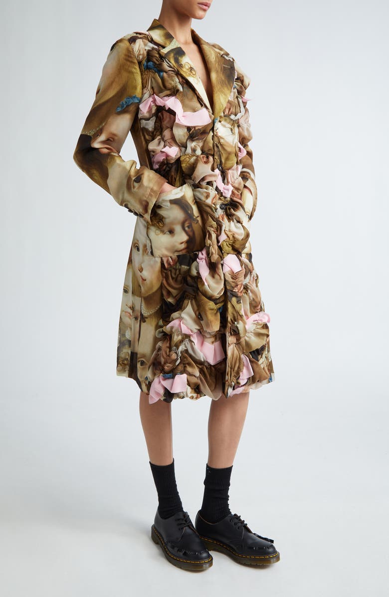 Comme des Garçons Face Print Wool Overcoat, Alternate, color, Beige X Pink