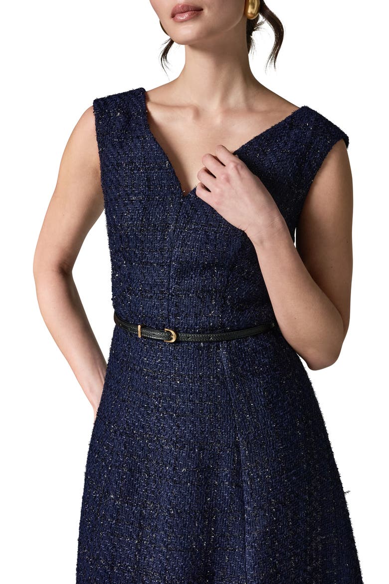 Belted Plaid Metallic Tweed Dress, Alternate, color, NIGHT SKY