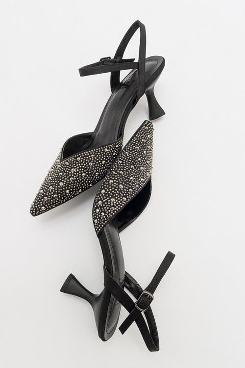 Forever & Always Shoes Vilka Embellished Slingback Kitten Heel Pumps In Black Faux Leather