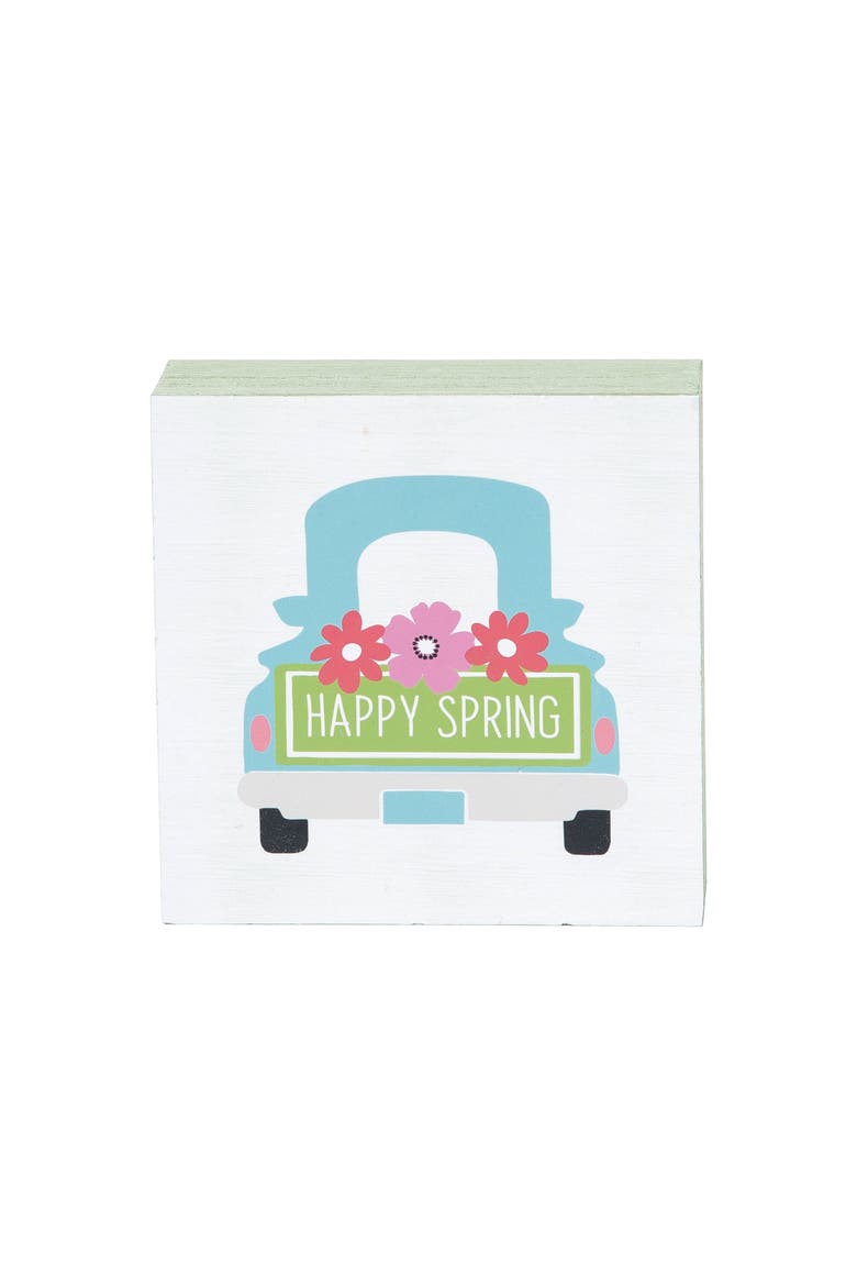 4.75" Springtime "Happy Spring" Pickup Truck w/ Floral Flowers Decorative Wood Single Centerpiece Block, Main, color, Blue