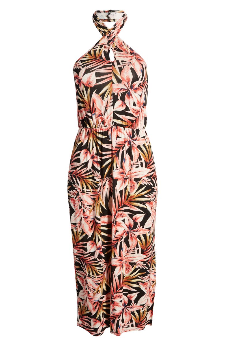 Loveappella Palm Print Twist Halter Neck Midi Dress, Alternate, color, Black/ Marsala