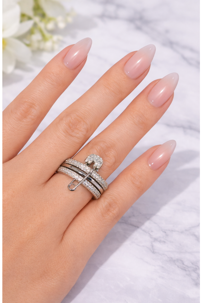 Cubic Zirconia Safety Pin Style Stainless Steel Ring, Alternate, color, Silver-Tone