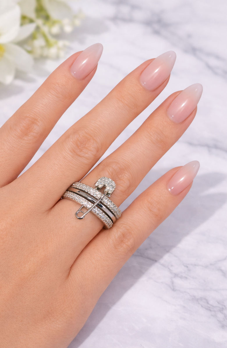 Kellery Cubic Zirconia Safety Pin Style Stainless Steel Ring, Alternate, color, Silver-Tone