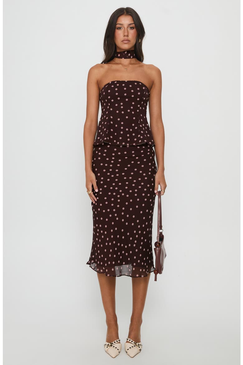 Sydni Scarf Detail Strapless Top, Alternate, color, CHOCOLATE / PINK POLKA