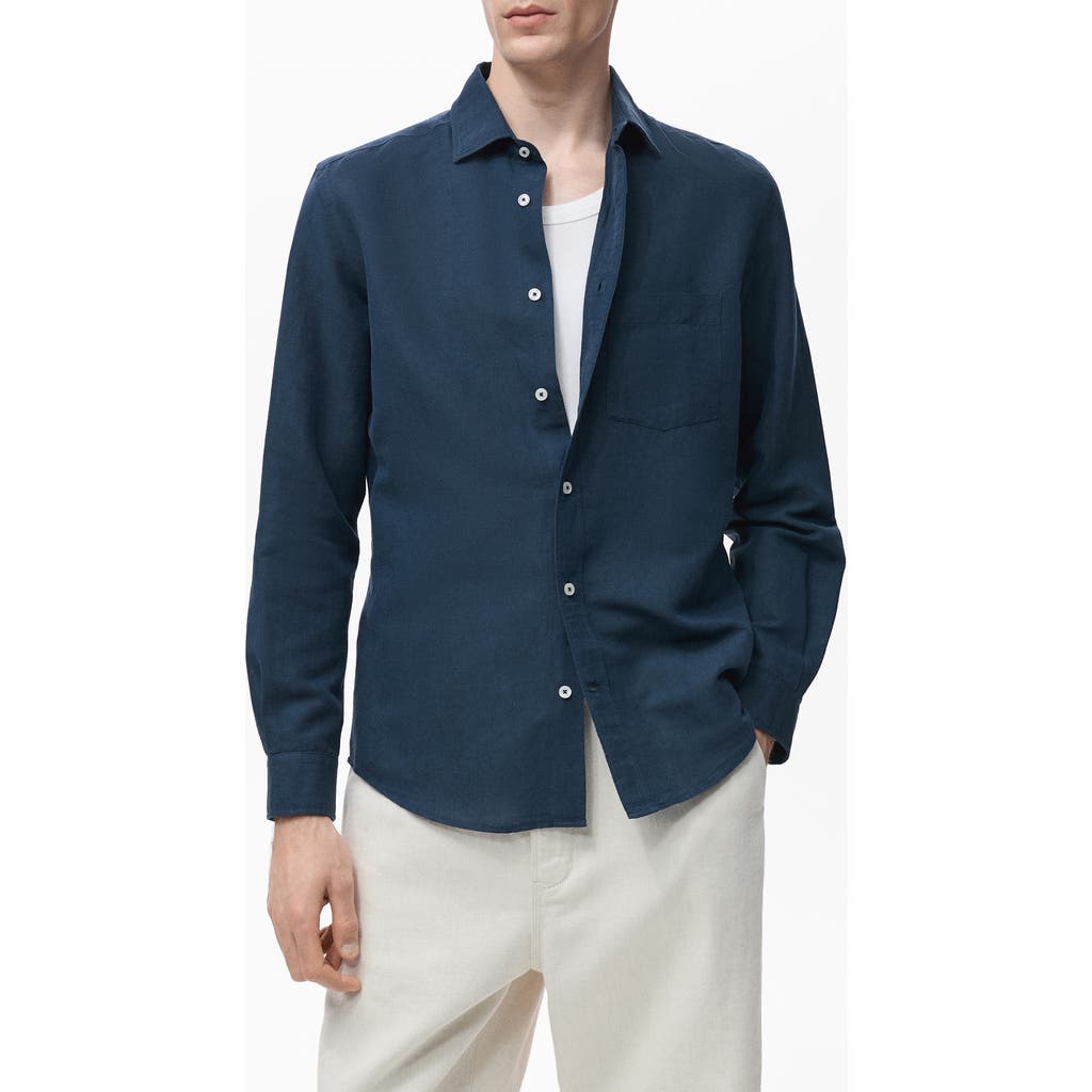 Mango Classic Fit Linen & Cotton Button-up Shirt In Blue