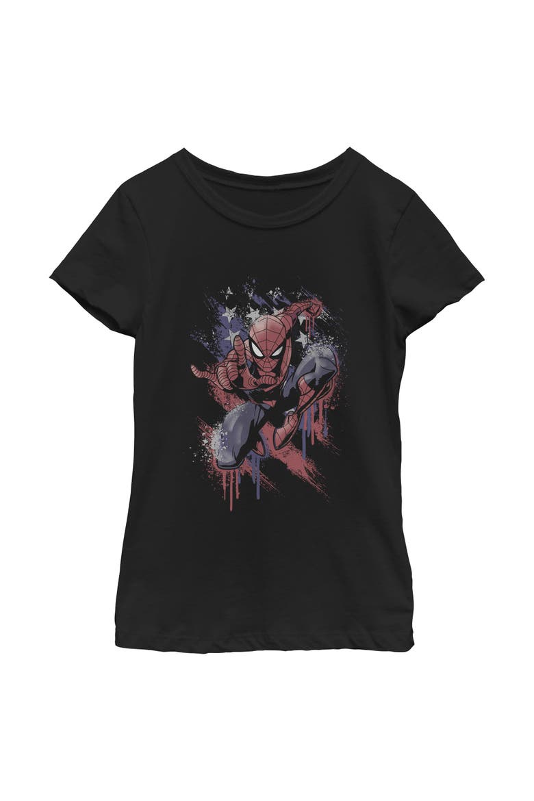 Girls Marvel Spider-Man Spidey Americana Pose T Shirt, Main, color, Black