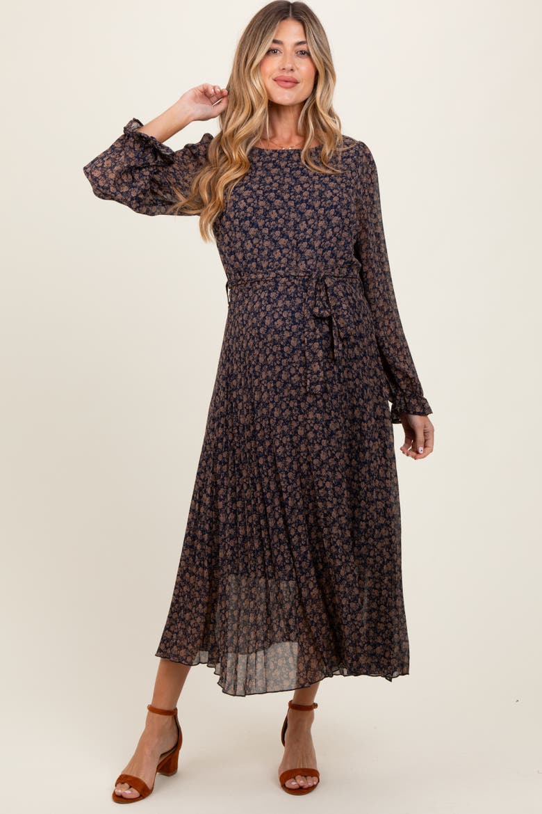 Floral Front Tie Pleated Midi Dress, Main, color, Navy Blue