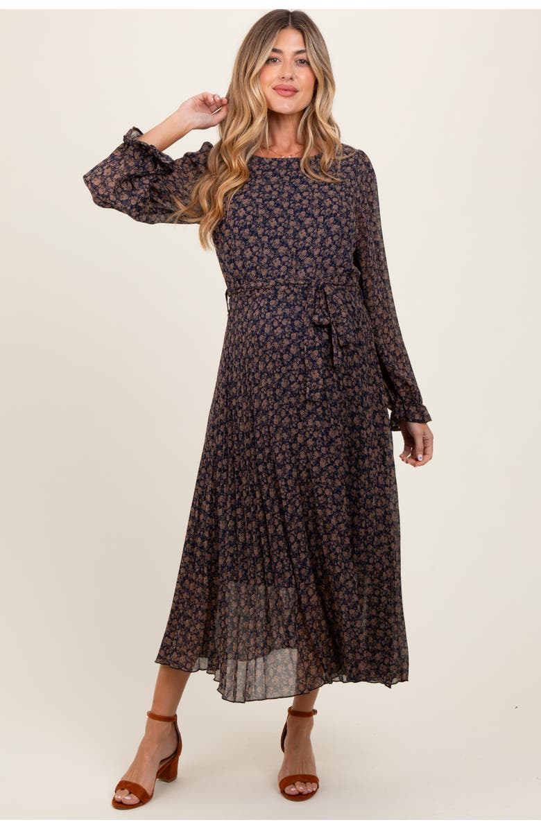 PinkBlush Floral Front Tie Pleated Midi Dress, Main, color, Navy Blue