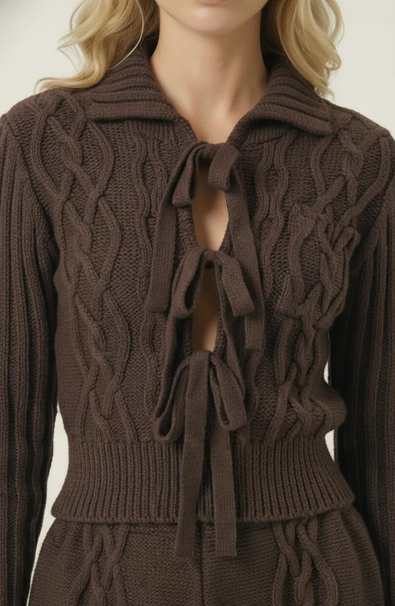 Modenaire Ribbed Knit Romper with Bow Tie Front and Long Sleeves, Alternate, color, Brown