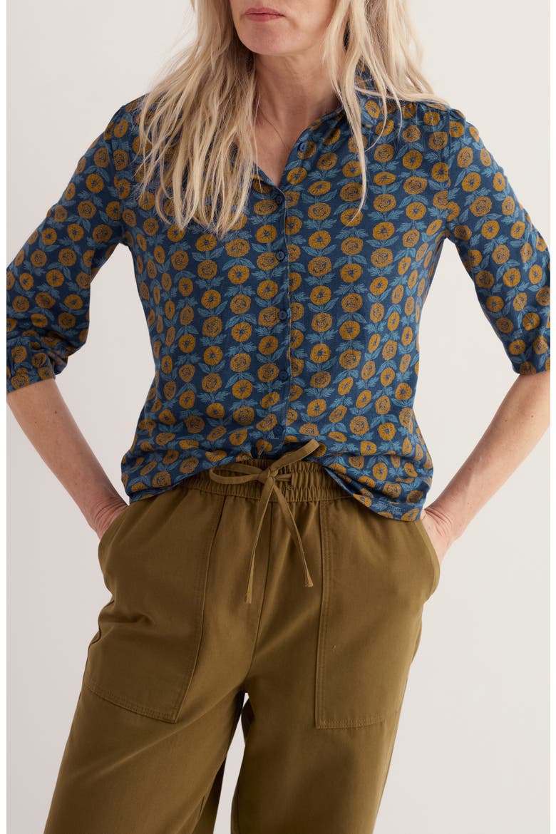 Embrace Floral Print Three-Quarter Sleeve Shirt, Main, color, MARIGOLD SKETCH MARINE