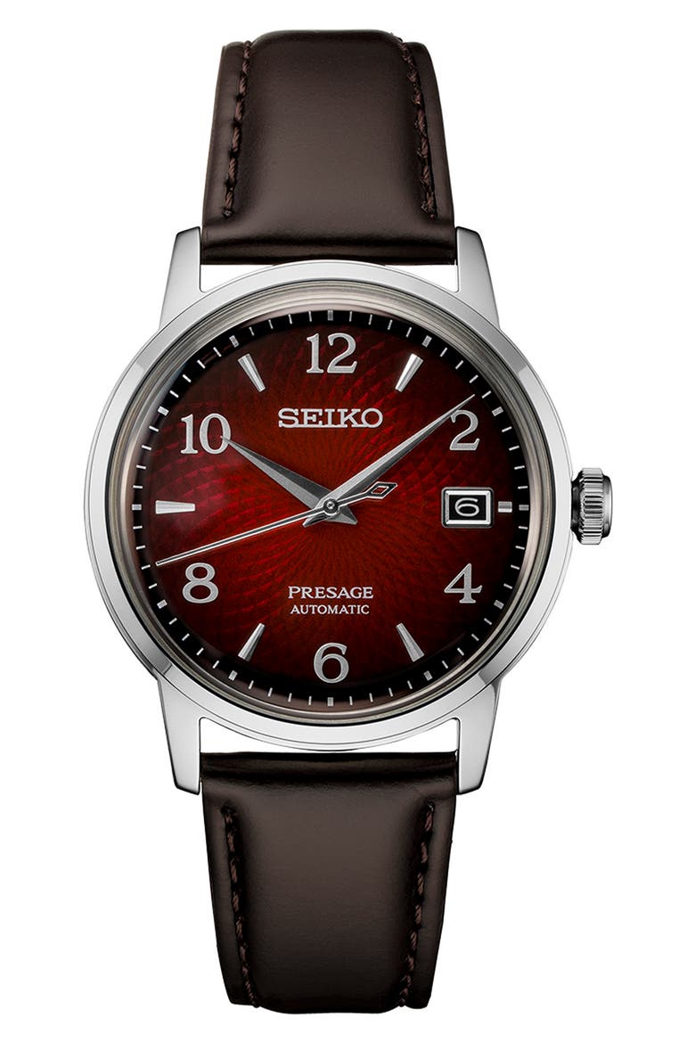 Presage Automatic Leather Strap Watch, 40.5mm, Main, color, RED