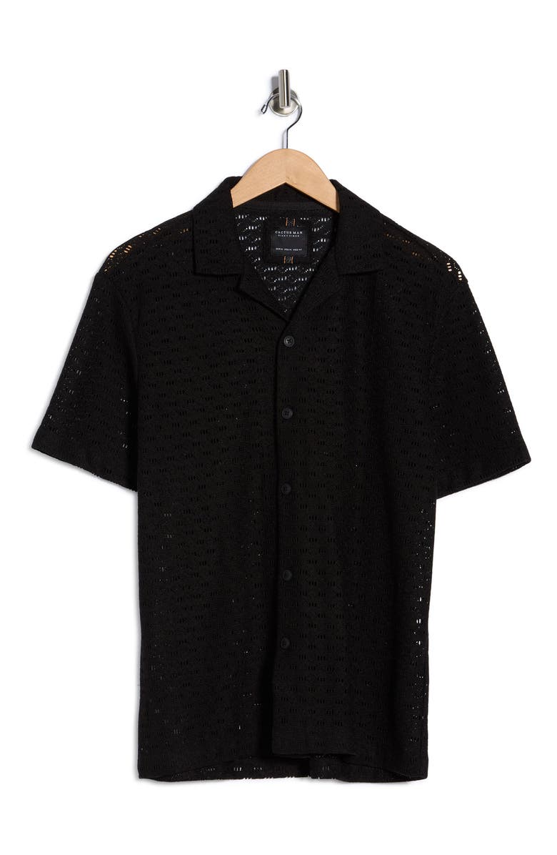 DENIM AND FLOWER Open Knit Textured Camp Shirt, Alternate, color, Black