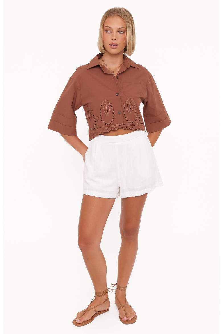 Williams Eyelet Scalloped Hem Crop Button-Up Shirt, Alternate, color, BROWN