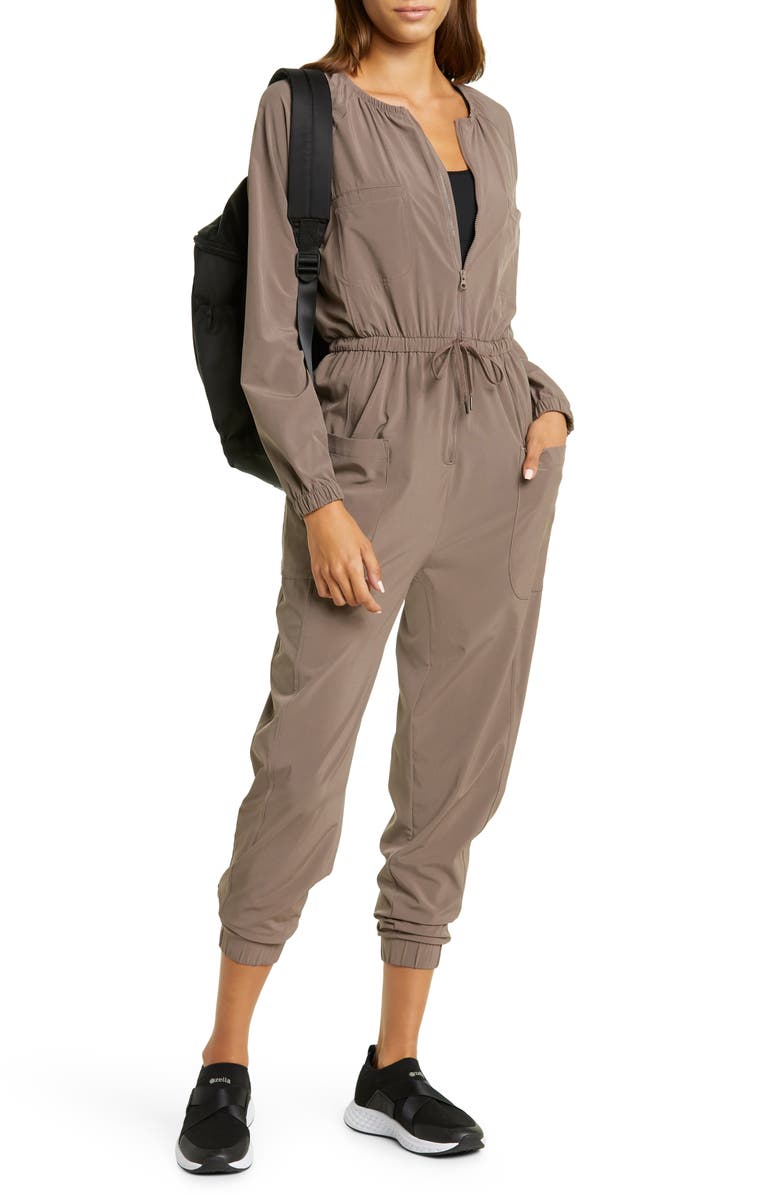 Zella Getaway Long Sleeve Zip-Up Jumpsuit, Alternate, color, Tan Dusk