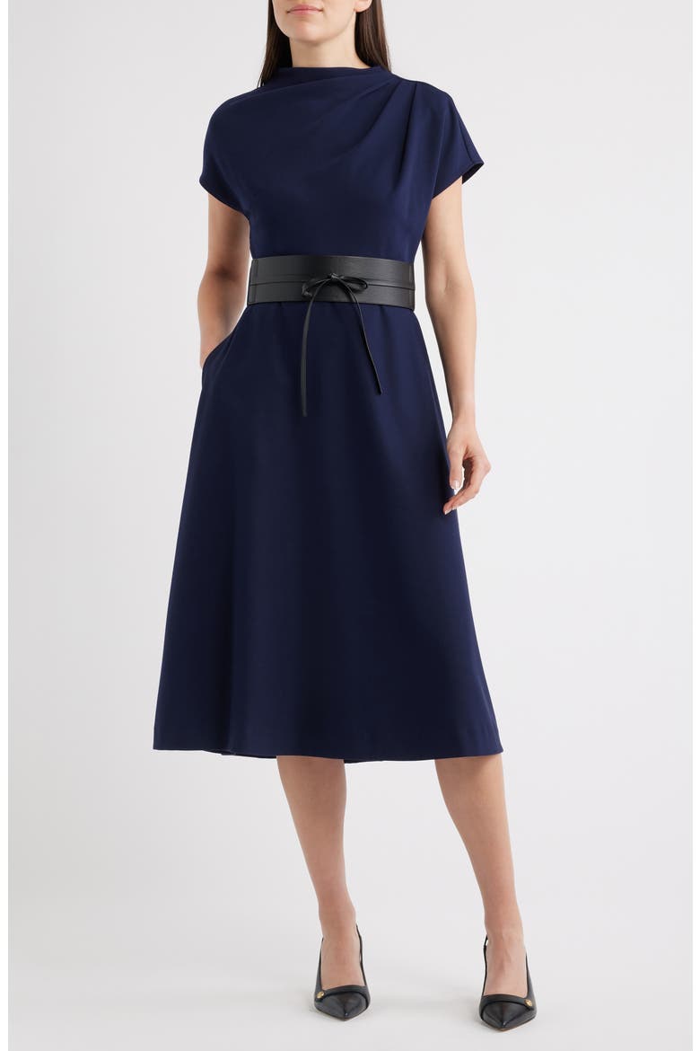 Funnel Neck Flared Midi Dress, Main, color, NAVY