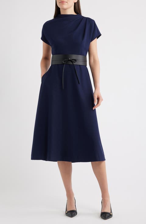 Funnel Neck Flared Midi Dress