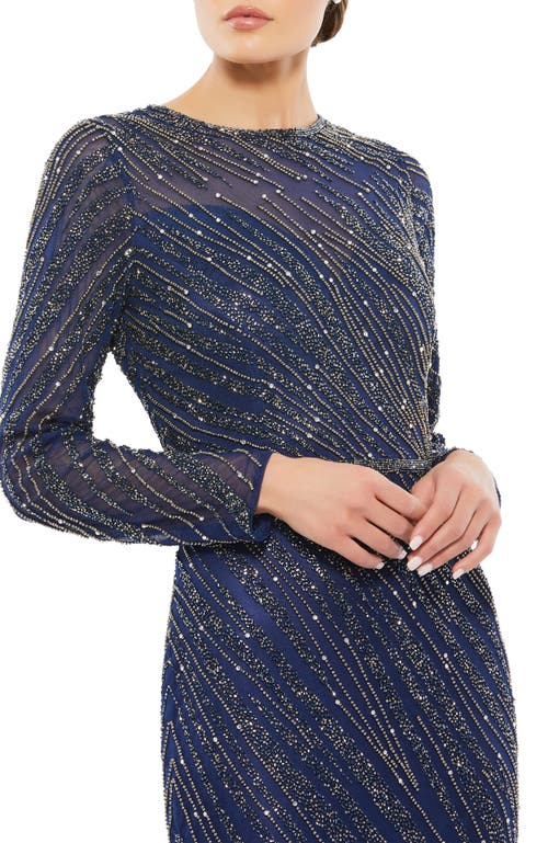 Mac Duggal Beaded Long Sleeve Column Gown In Midnight